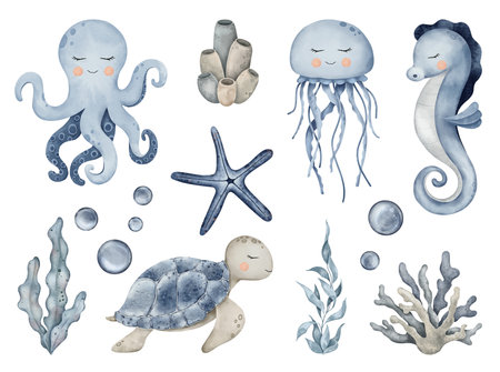 Large set of Underwater Animals. Cute undersea bundle with octopus, seahorse, jellyfish, turtle, shells, algae, corals and bubbles. Hand drawn watercolor illustration of sea Fish for kids designの写真素材