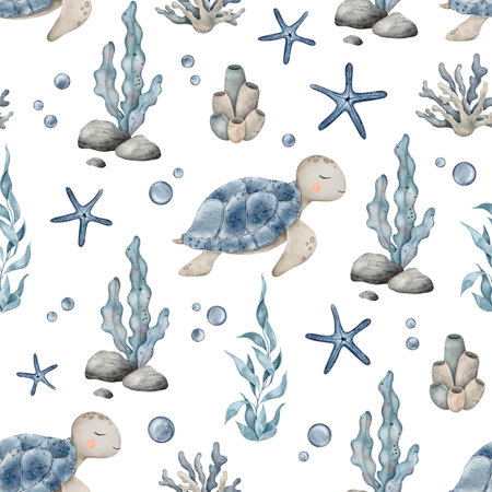 Marine seamless pattern sea animals, plants, seashell, starfish, marine corals, seaweed algae. Hand drawn watercolor background of sea fish for nursery, wallpaper, textileの写真素材