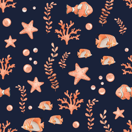 Seamless pattern of Anemonefish or Clownfish in orange, black and white color and starfish, marine coral, seaweed algae. Hand drawn watercolor background of sea fish for nursery, wallpaper, textile.の写真素材
