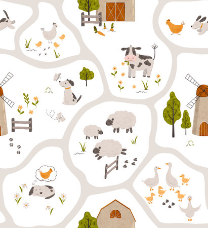 Cartoon Village map seamless pattern. Background of a farm with barn, windmill, funny animals, road and trees. Perfect for textile, fabric, paper, games, play mat. Hand drawn digital illustrationの写真素材