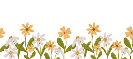 Pretty seamless border with simple daisy flowers. Chamomile in scandinavian style. Stylized tiny flowers, digital illustration for cards, invitations, decorationsの写真素材