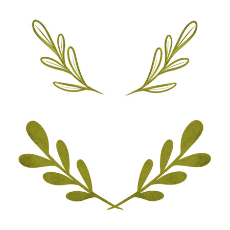 Collection of Green outline wreath with olive branches, silhouette circular laurel foliate isolated on background. Round floral frame. Hand drawn digital illustration for sports achievements, awards, victories and success.の写真素材
