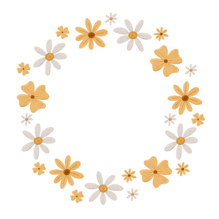 Pretty wreath with simple daisy flowers. Chamomile circle frame in scandinavian style. Stylized tiny flowers, digital illustration for cards, invitations, decorations, logoの写真素材