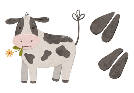 Cute cow with a yellow flower in her mouth and footprint. Digital hand drawn illustration with little farm animal for textile design, education, baby shower, children prints. Drawing of character in cartoon styleの写真素材