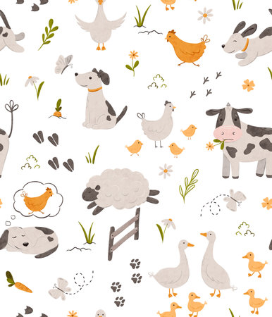 Cartoon Village map seamless pattern. Background of a farm with barn, windmill, funny animals, plants. Perfect for textile, fabric, paper, games, play mat. Hand drawn digital illustrationの写真素材