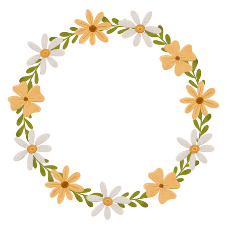 Pretty wreath with simple daisy flowers. Chamomile circle frame in scandinavian style.の写真素材