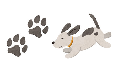 Cute poppy and footprint. Digital hand drawn illustration with little Dog farm animal for textile design, education, baby shower, children prints. Drawing of character in cartoon styleの写真素材