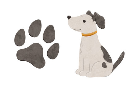 Cute poppy and footprint. Digital hand drawn illustration with little Dog farm animal for textile design, education, baby shower, children prints. Drawing of character in cartoon styleの写真素材