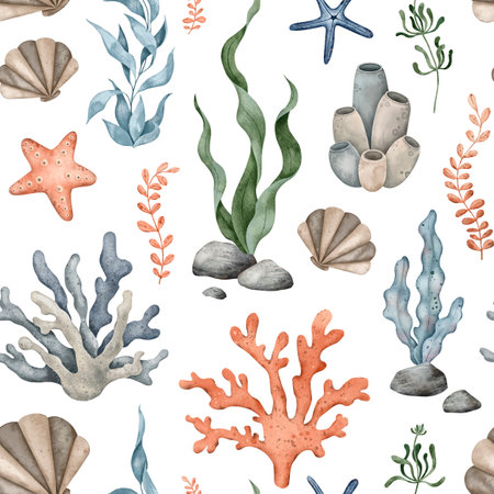 Seamless pattern of sea Pebbles, marine coral, starfish, seaweed algae. Hand drawn watercolor illustration. Marine, tropical print for wrapping paper, textile, fabricの写真素材