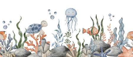 Seamless border of Sea Pebbles, jellyfish, turtle, clownfish and starfish, seaweed algae. Hand drawn watercolor illustration. Marine, tropical collection for souvenir, posters, sticker, printing, banner.の写真素材