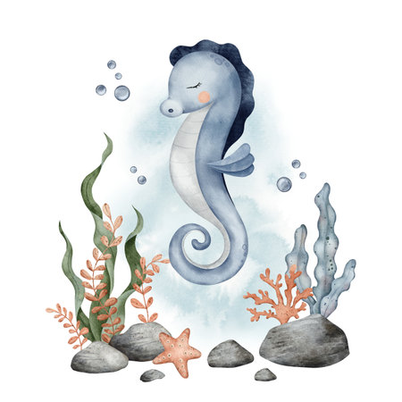Underwater Animals. Cute undersea bundle with seahorse, shells, algae, corals and bubbles. Hand drawn watercolor illustration of sea fish for kids design, poster, baby shower, newborn cardsの写真素材