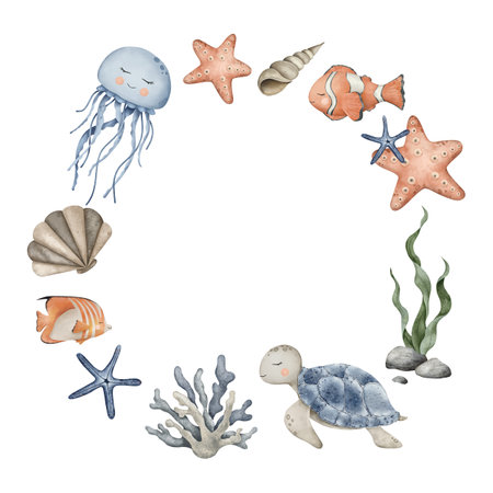 Wreath of Sea Pebbles, jellyfish, turtle, clownfish and starfish, seaweed algae. Hand drawn watercolor illustration. Marine frame, tropical collection for souvenir, posters, sticker, printing, bannerの写真素材