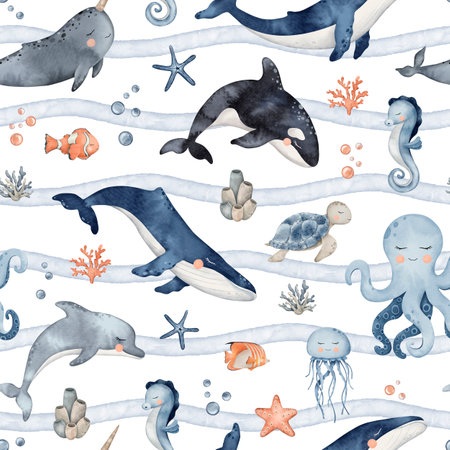 Underwater Animals seamless pattern. Cute undersea endless line with whale, orca, octopus, seahorse, jellyfish, turtle, clownfish, shells, algae, corals and bubbles. Hand drawn watercolor illustration for fabric, wallpaper, textileの写真素材