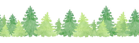 Watercolor forest seamless border with abstract spruce. Hand drawn Christmas tree illustration for cards, invitations, decorations.の写真素材