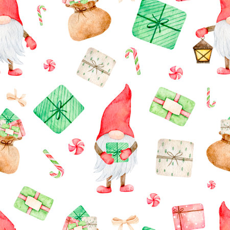 Christmas seamless pattern with Adorable Gnome, scandinavian elf with giftbox, New Year print. Watercolor hand drawn illustration for wrapping paper, textile, fabricの写真素材