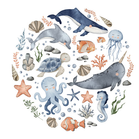 Underwater Animals design. Cute undersea composition in circle with whale, orca, octopus, seahorse, jellyfish, turtle, clownfish, shells, algae, corals and bubbles. Hand drawn watercolor illustration for poster, cardの写真素材