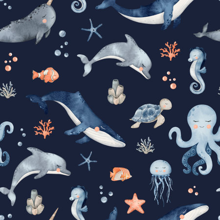 Underwater Animals seamless pattern. Cute undersea endless line with whale, orca, octopus, seahorse, jellyfish, turtle, clownfish, shells, algae, corals and bubbles. Hand drawn watercolor illustration for fabric, wallpaper, textileの写真素材