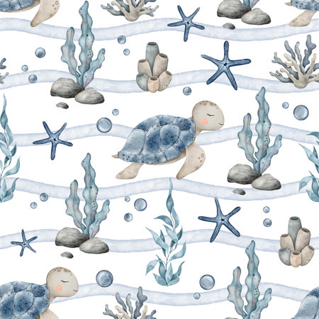 Marine seamless pattern sea animals, plants, seashell, starfish, marine corals, seaweed algae. Hand drawn watercolor background of sea fish for nursery, wallpaper, textileの写真素材