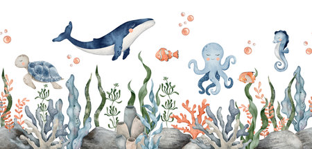 Seamless border of Sea Pebbles, octopus, whale, seahorse, turtle and seaweed algae. Hand drawn watercolor illustration. Marine, tropical collection for souvenir, posters, sticker, printing, banner.の写真素材