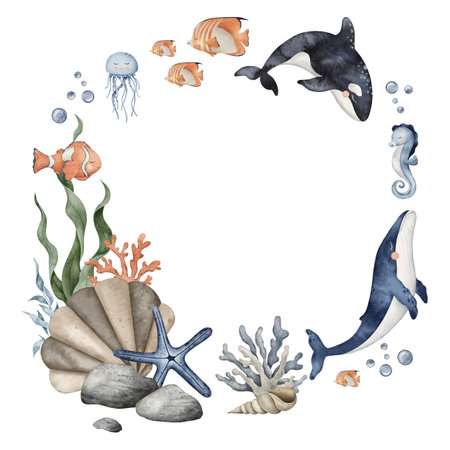 Seamless border of orca, jellyfish, whale, seahorse, coral and seaweed algae. Hand drawn watercolor illustration. Marine, tropical collection for cards, baby shower, printing, banner.の写真素材