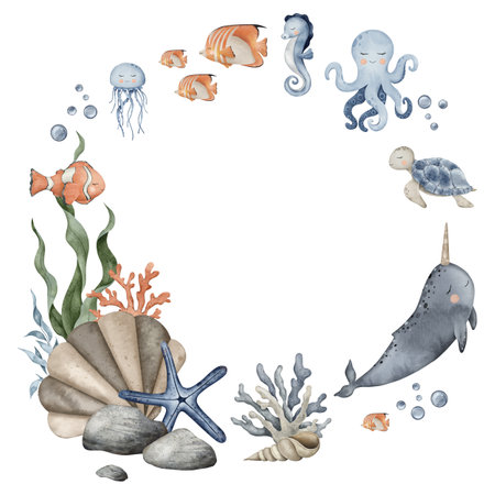 Seamless border of orca, jellyfish, narwhal, seahorse, coral and seaweed algae. Hand drawn watercolor illustration. Marine, tropical collection for cards, baby shower, printing, banner.の写真素材