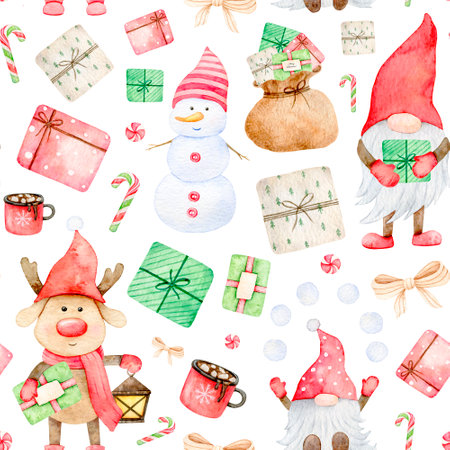 Christmas seamless pattern with Adorable Gnome, scandinavian elf, snowman, deer, giftbox, candy, New Year print. Watercolor hand drawn illustration for wrapping paper, textile, fabricの写真素材