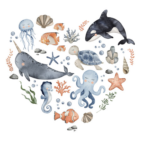 Underwater Animals heart design. Cute undersea composition in circle with whale, dolphin, octopus, seahorse, jellyfish, turtle, clownfish, shells, algae, corals and bubbles. Hand drawn watercolor illustration for poster, cardの写真素材
