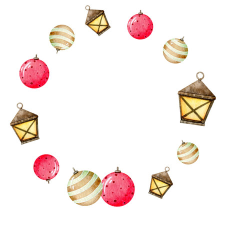 Christmas balls and glowing lantern wreath. Hand drawn watercolor illustration. Winter holidays design for greeting cards, invitations. New Year print.の写真素材