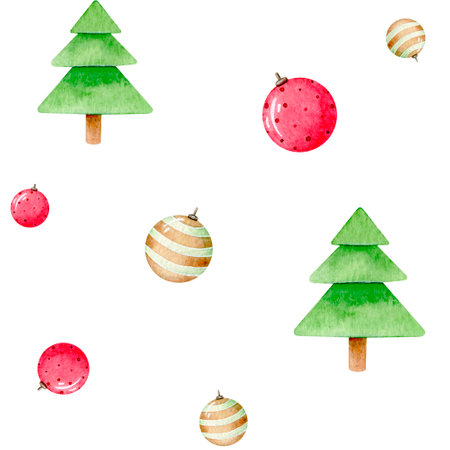 Christmas balls and tree seamless pattern. Hand drawn watercolor illustration. Winter holidays design for fabric, wallpaper, textile. New Year print.の写真素材