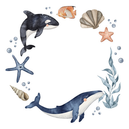 Wreath of orca, jellyfish, whale, seahorse, coral and seaweed algae. Hand drawn watercolor illustration. Marine, tropical collection for cards, baby shower, printing, banner.の写真素材