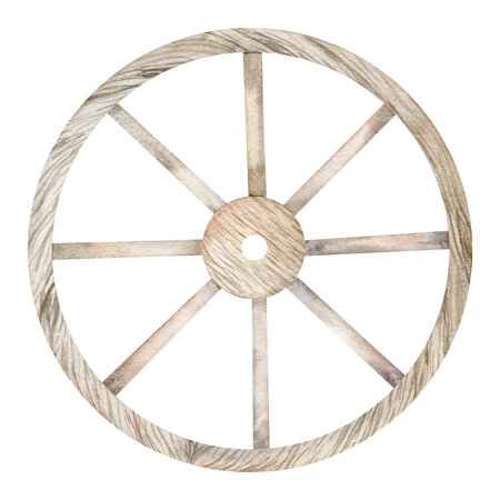 Old wooden wheel textured and detailed isolated on white background. Wild west, rustic, rural object, ancient, vintage element Watercolor hand drawn illustration.の写真素材