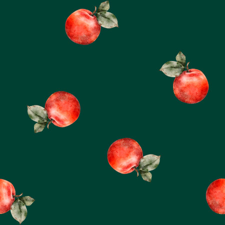 Seamless pattern with apple tree branches. Fruit watercolor background. Perfect for juicy pack, design templates, wallpaper, wrapping, fabric and textileの写真素材