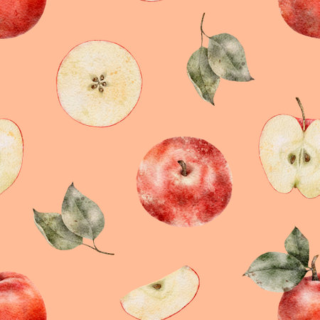 Seamless pattern with ripe apple tree branches, slice on peach fuzz background. Watercolor fruit Perfect for juicy pack, design templates, wallpaper, wrapping, fabric and textileの写真素材