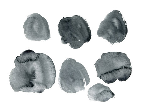 Set of abstract paynes grey splashes on the watercolor paper texture. Hand drawn Illustration perfect for card, invitation and more.の写真素材