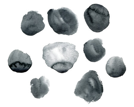 Set of abstract paynes grey splashes on the watercolor paper texture. Hand drawn Illustration perfect for card, invitation and more.の写真素材