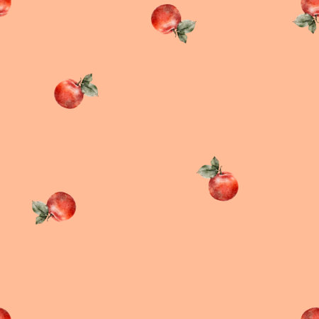 Seamless pattern with apple tree branches. Fruit watercolor peach fuzz background. Perfect for juicy pack, design templates, wallpaper, wrapping, fabric and textileの写真素材