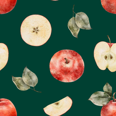 Seamless pattern with ripe apple tree branches, slice on dark green background. Watercolor fruit Perfect for juicy pack, design templates, wallpaper, wrapping, fabric and textileの写真素材