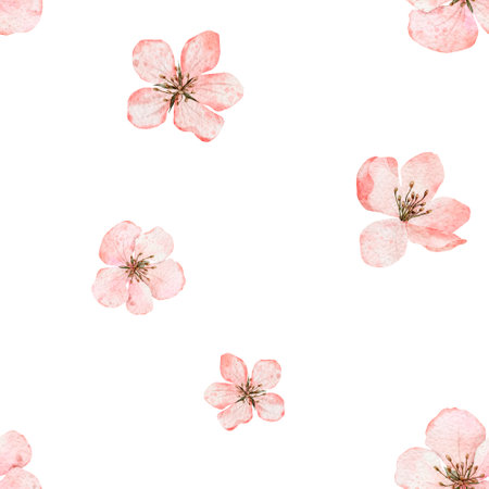 Seamless pattern with blooming cherry blossom, flowering sakura, spring apple. Floral watercolor background. Perfect for design templates, wallpaper, wrapping, fabric and textileの写真素材