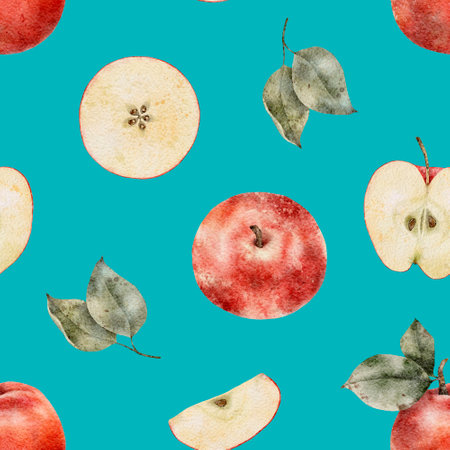 Seamless pattern with ripe apple tree branches, slice on azure background. Watercolor fruit Perfect for juicy pack, design templates, wallpaper, wrapping, fabric and textile.の写真素材