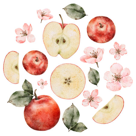 Watercolor blooming apple tree branches, green and red ripe Apples round label. Hand drawn apple slices illustration for juice pack, card, invitation, tagsの写真素材