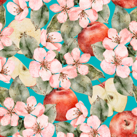 Seamless pattern with blooming apple tree branches and fruit. Floral watercolor background. Perfect for design templates, wallpaper, wrapping, fabric and textileの写真素材
