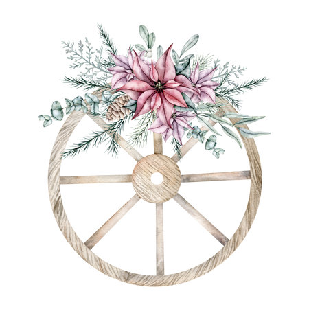 Old wooden wheel with Christmas bouquets. Hand painted poinsettia, spruce, pine cone and eucalyptus flowers. Watercolor illustration for greeting cards, rustic wedding invitations, decorationsの写真素材