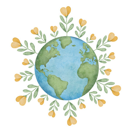 Happy Earth Day. International Mother Earth Day Watercolor illustration. Design for greeting cards and posters Earth planet with flowers.の写真素材