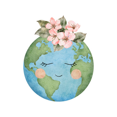 Happy Earth Day. International Mother Earth Day Watercolor illustration. Design for greeting cards and posters Earth planet with flowers and cute face.の写真素材