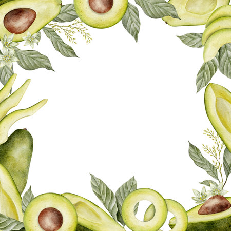 Square frame. Watercolor avocado leaves and flowers illustration. Hand drawn botanical drawing. Tea leaf. Green plant vegetables on isolated background for food, cosmetic packaging design, card, invitationの写真素材