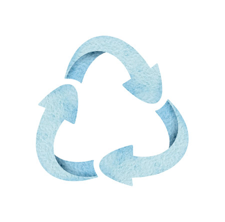 Watercolor blue recycling, upcycling and downcycling signs, isolated on background. Hand drawn reuse symbols for ecological design. Zero waste lifestyle.の写真素材