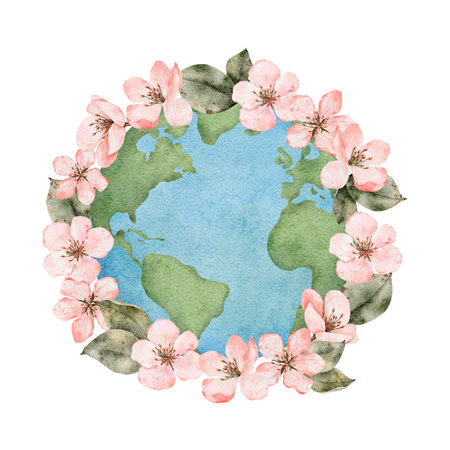 Happy Earth Day. International Mother Earth Day Watercolor illustration. Design for greeting cards and posters Earth planet with flowers.の写真素材