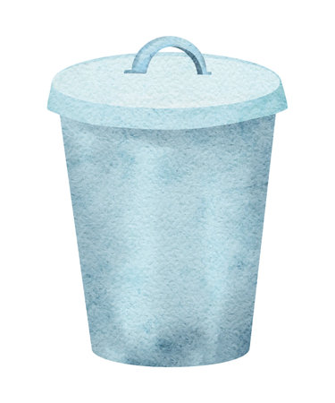 Blue recycling bin watercolor drawing isolated on background. Recycle bin clipart. Rubbish can illustration. Hand drawn reuse symbols for ecological design. Zero waste lifestyle.の写真素材