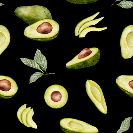 Watercolor avocado seamless pattern on black background. Green vegetable illustration. Hand drawn botanical plant drawing background for pack, textile, fabric and food packaging designの写真素材