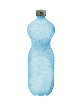 Blue plastic Water Bottle. Watercolor transparent container for a drink. Hand drawn illustration on isolated background. For sports marathon, fitness flyers, Environment pollution poster, Save the ocean, Earth day illustration. Sustainability design. Nature and plastic, waste, garbageの写真素材